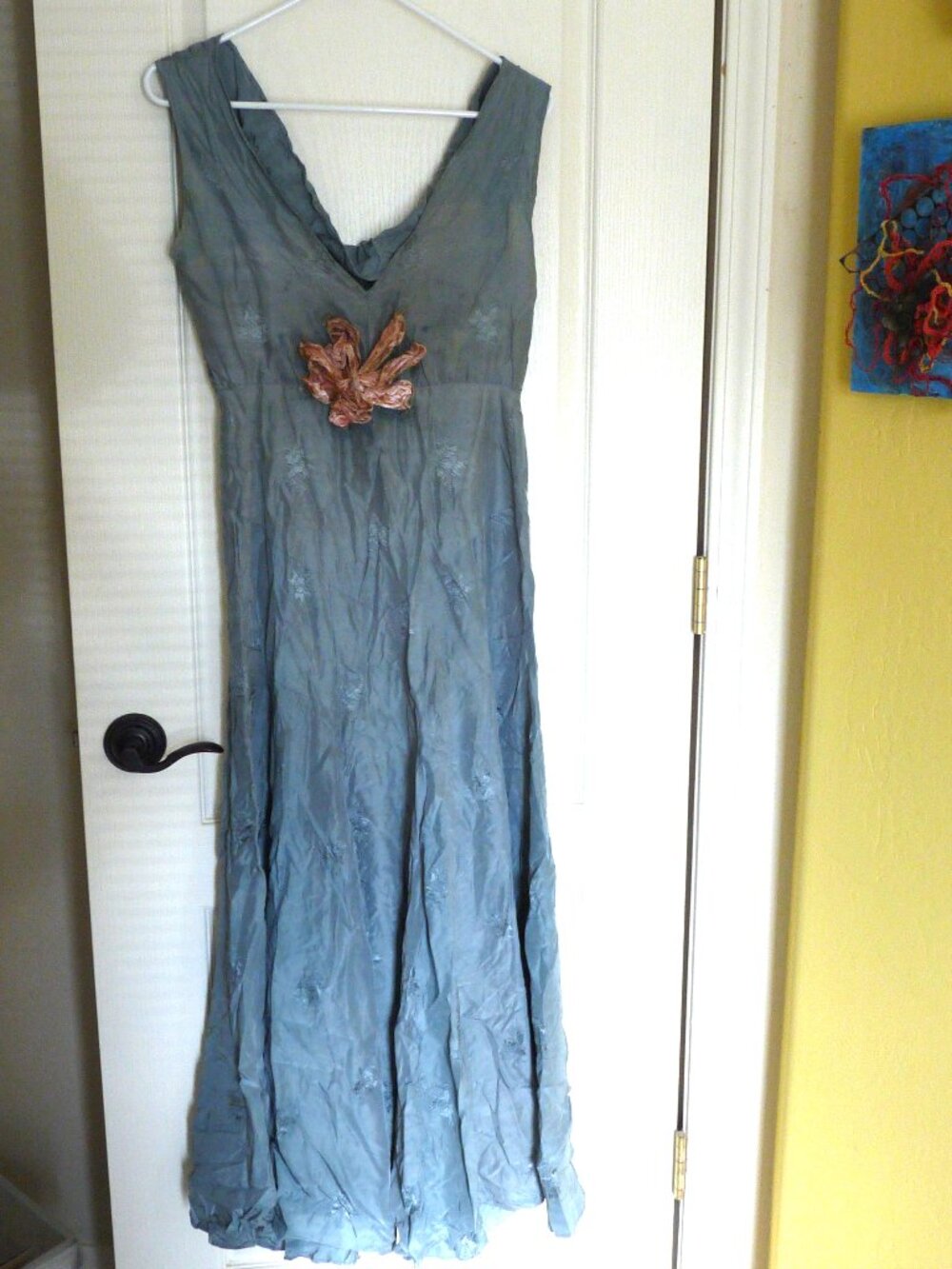 Antique blue silk brocade maxi slip dress velvet flower 38 bust  AS-IS